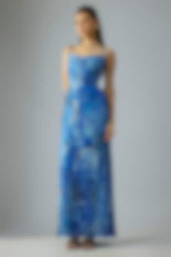 Blue Chiffon Abstract Floral Printed Maxi Vacation Dress by Saaksha & Kinni at Pernia's Pop Up Shop