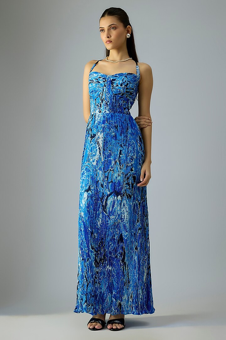 Blue Chiffon Abstract Floral Printed Maxi Vacation Dress by Saaksha & Kinni at Pernia's Pop Up Shop