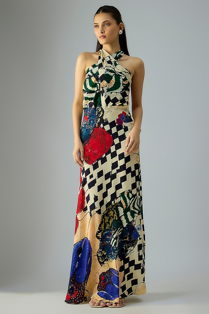 Multi-Colored Crepe Abstract Floral Printed Maxi Vacation Dress by Saaksha & Kinni at Pernia's Pop Up Shop