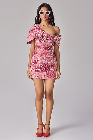 Pink Habutai Abstract Floral Printed Draped Mini Dress by Saaksha & Kinni