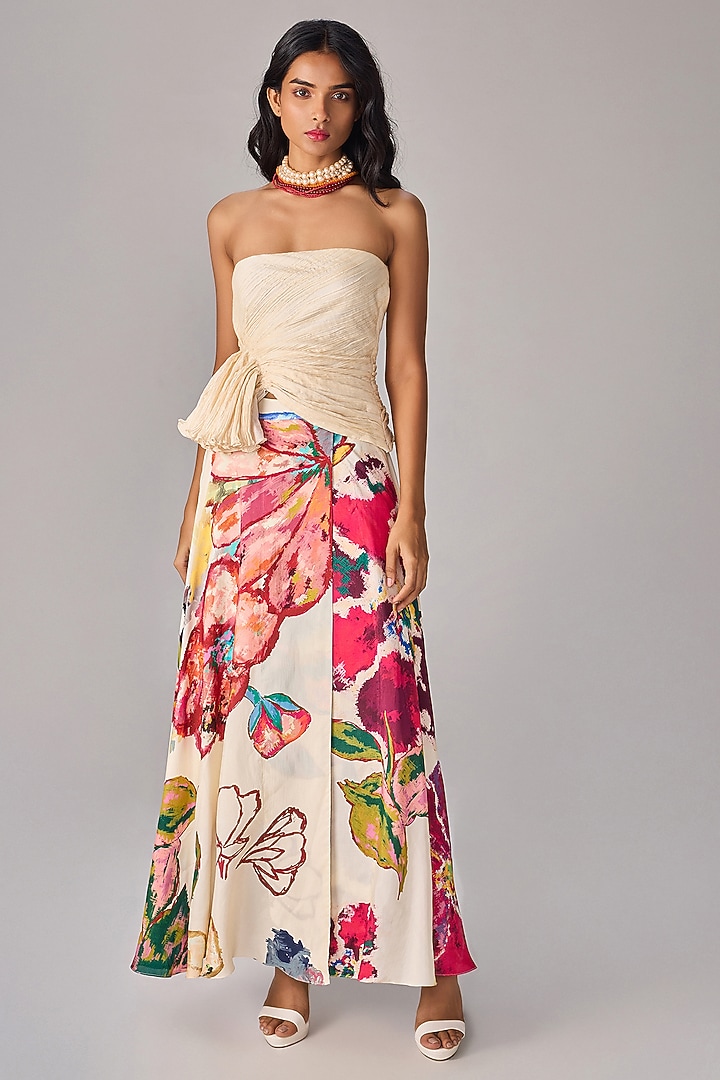 Multi-Colored Crepe Floral Printed Overlap Skirt Set by Saaksha & Kinni at Pernia's Pop Up Shop