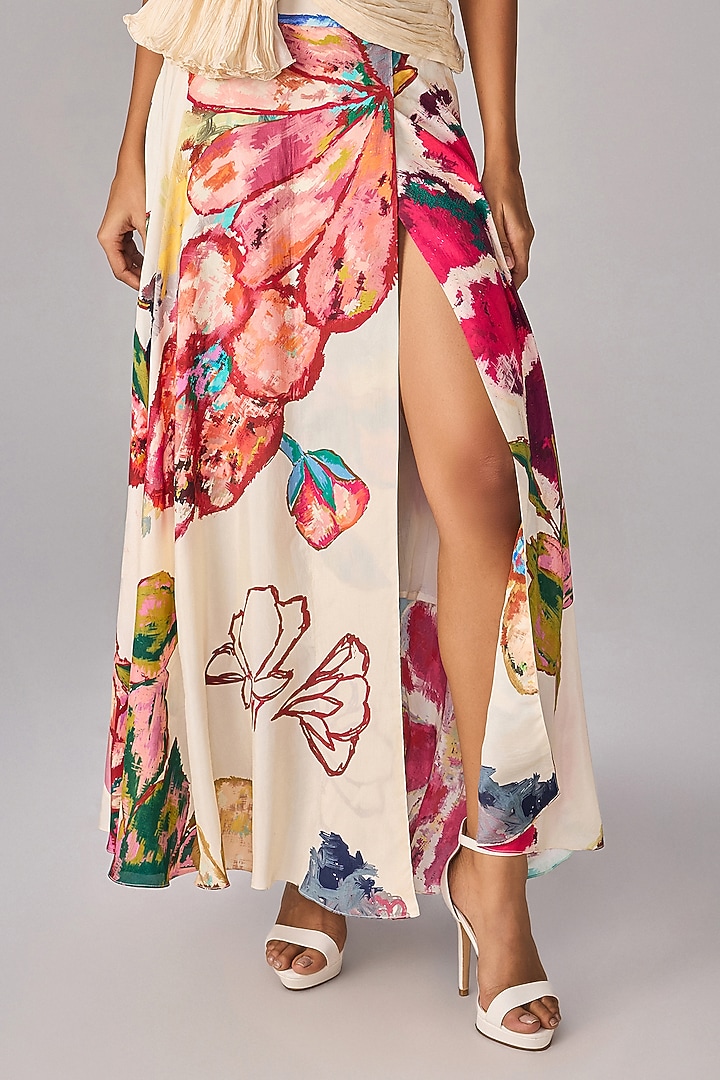 Multi-Colored Crepe Floral Printed Overlap Skirt Set by Saaksha & Kinni at Pernia's Pop Up Shop