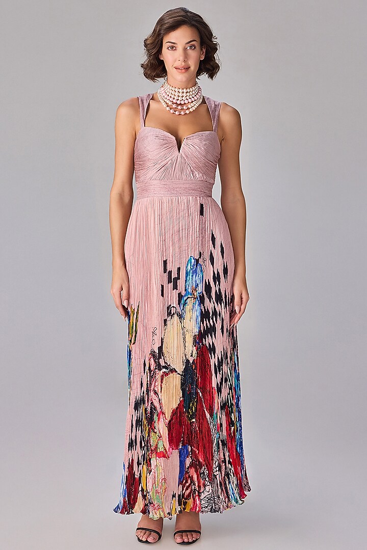 Light Pink Chiffon Abstract Floral Printed Pleated Maxi Vacation Dress by Saaksha & Kinni at Pernia's Pop Up Shop