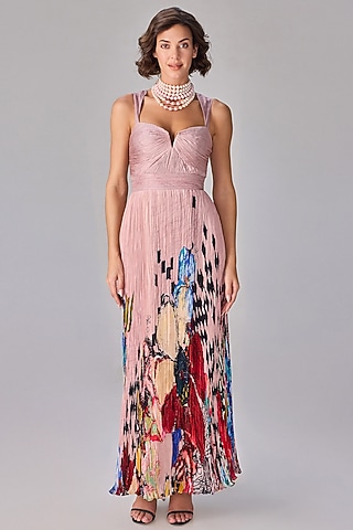 Light Pink Chiffon Abstract Floral Printed Pleated Maxi Dress by Saaksha & Kinni