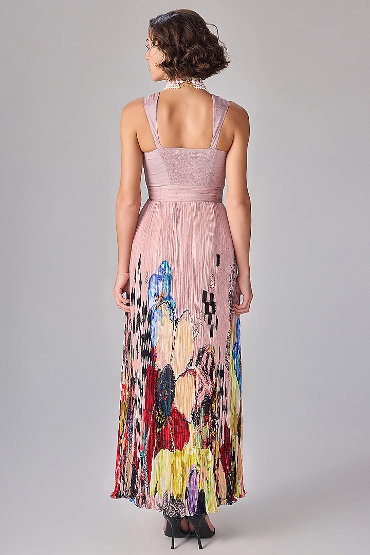 Light Pink Chiffon Abstract Floral Printed Pleated Maxi Cocktail Dress by Saaksha & Kinni at Pernia's Pop Up Shop