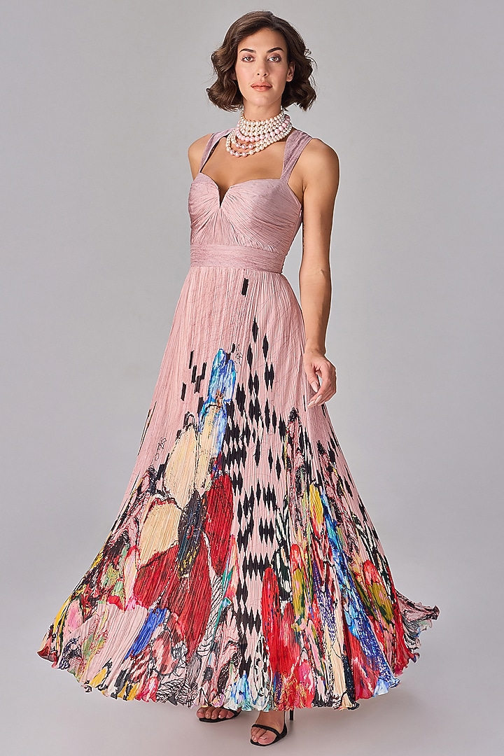 Light Pink Chiffon Abstract Floral Printed Pleated Maxi Cocktail Dress by Saaksha & Kinni at Pernia's Pop Up Shop