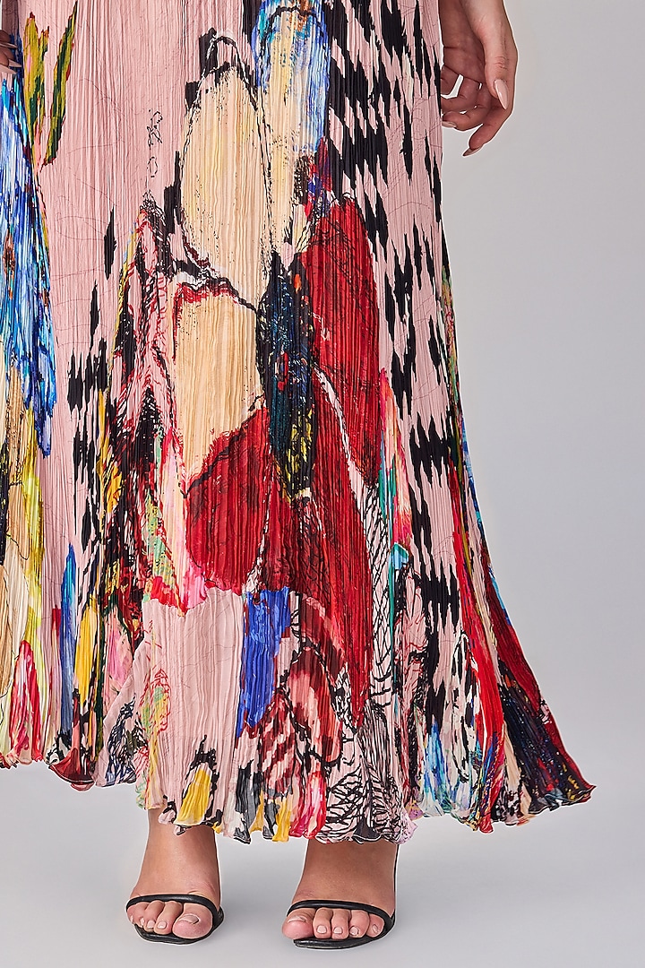 Light Pink Chiffon Abstract Floral Printed Pleated Maxi Cocktail Dress by Saaksha & Kinni at Pernia's Pop Up Shop