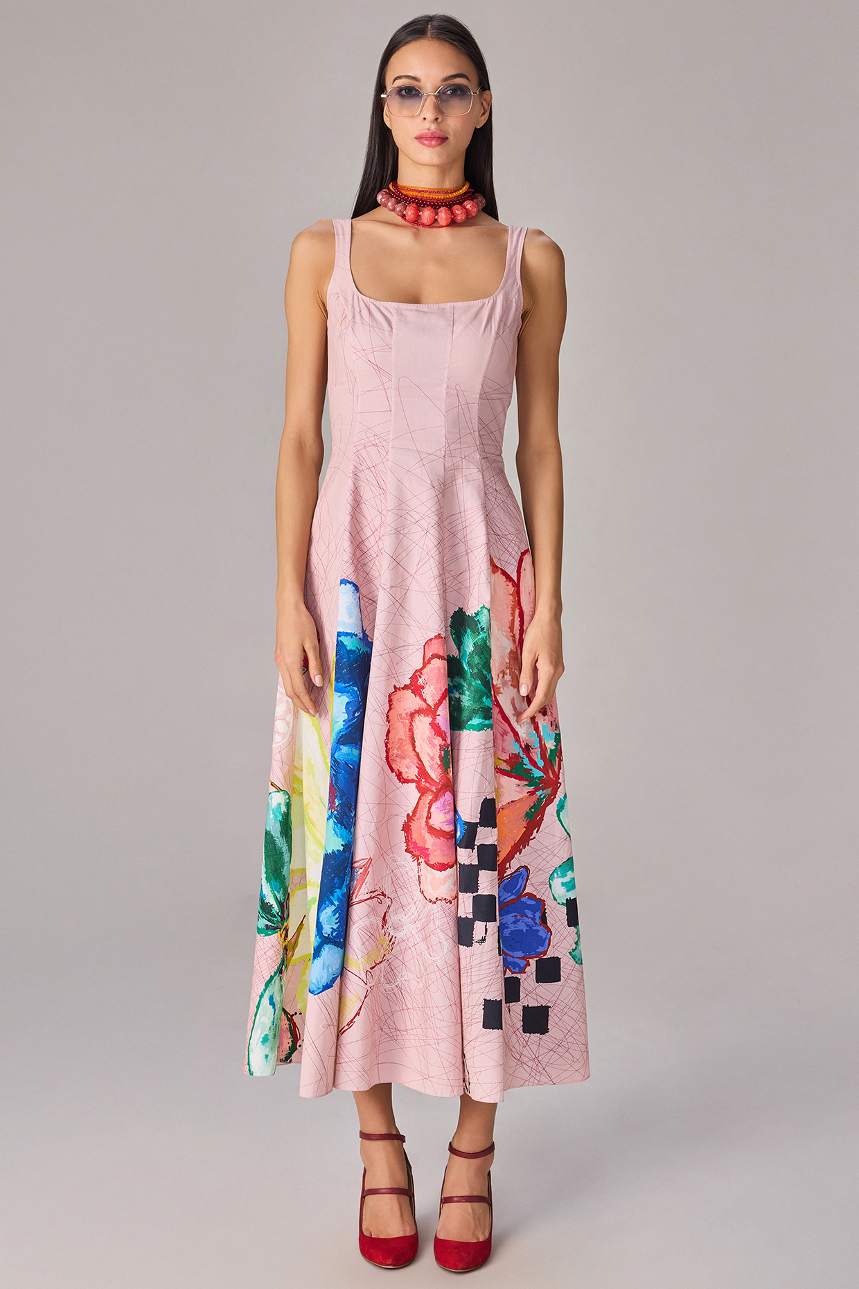 Light Pink Poplin Floral Printed Midi Flared Dress by Saaksha & Kinni at Pernia's Pop Up Shop