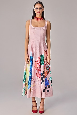 Light Pink Poplin Floral Printed Midi Flared Dress by Saaksha & Kinni