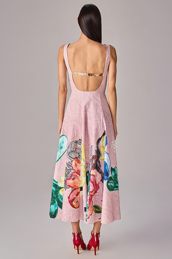 Light Pink Poplin Floral Printed Midi Flared Vacation Dress by Saaksha & Kinni at Pernia's Pop Up Shop