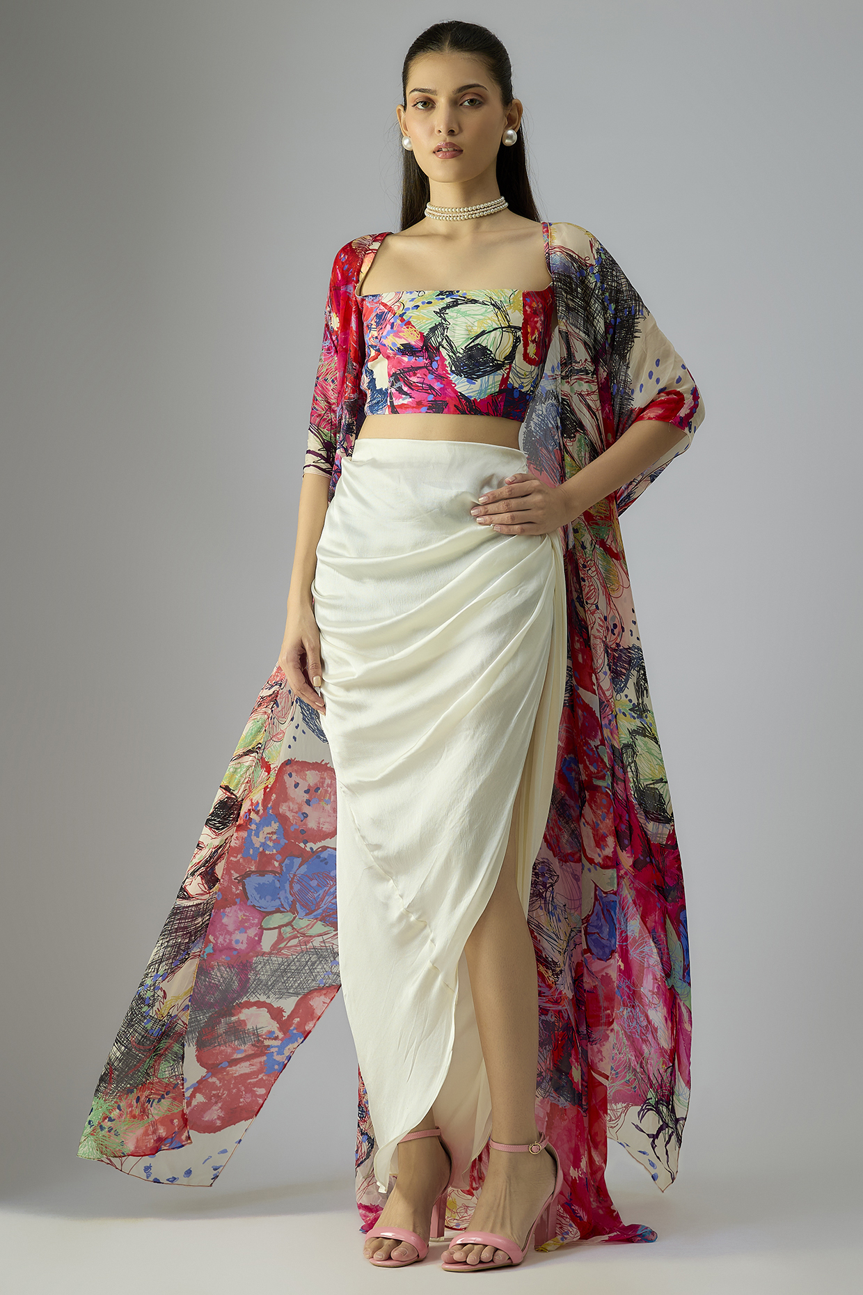 Multi-Colored Chiffon Abstract Floral Printed Cape Set by Saaksha & Kinni at Pernia's Pop Up Shop