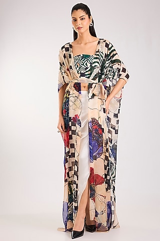 Multi-Colored Chiffon Printed Cape Set by Saaksha & Kinni