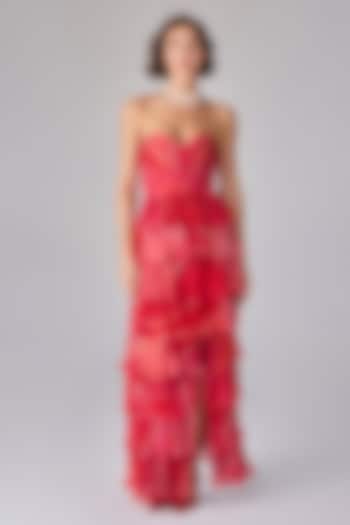 Pink Chiffon Abstract Floral Printed Tiered Maxi Cocktail Dress by Saaksha & Kinni at Pernia's Pop Up Shop