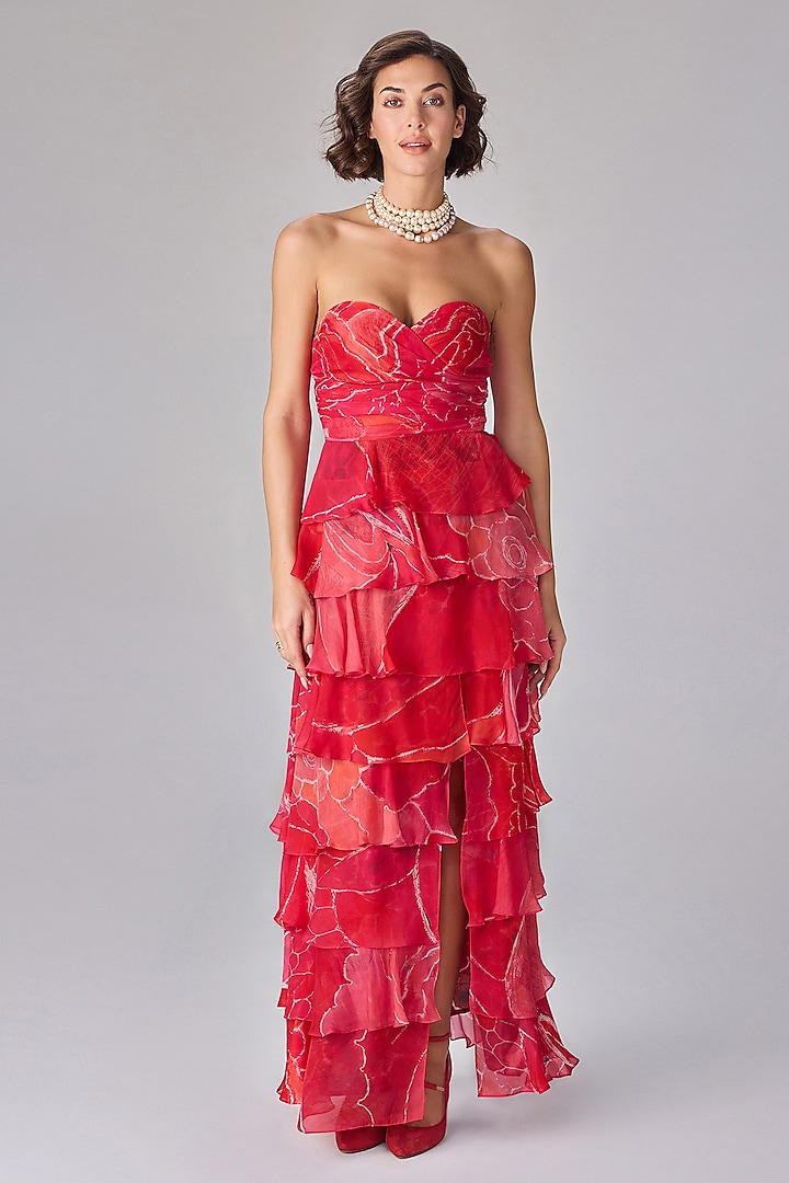 Pink Chiffon Abstract Floral Printed Tiered Maxi Cocktail Dress by Saaksha & Kinni at Pernia's Pop Up Shop