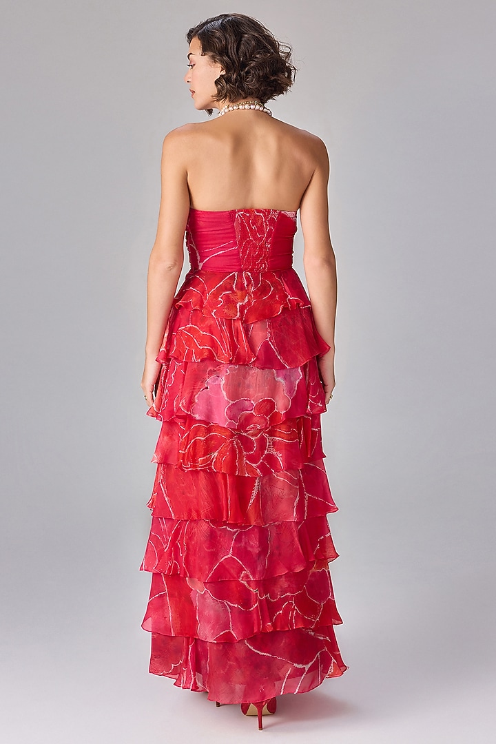 Pink Chiffon Abstract Floral Printed Tiered Maxi Cocktail Dress by Saaksha & Kinni at Pernia's Pop Up Shop