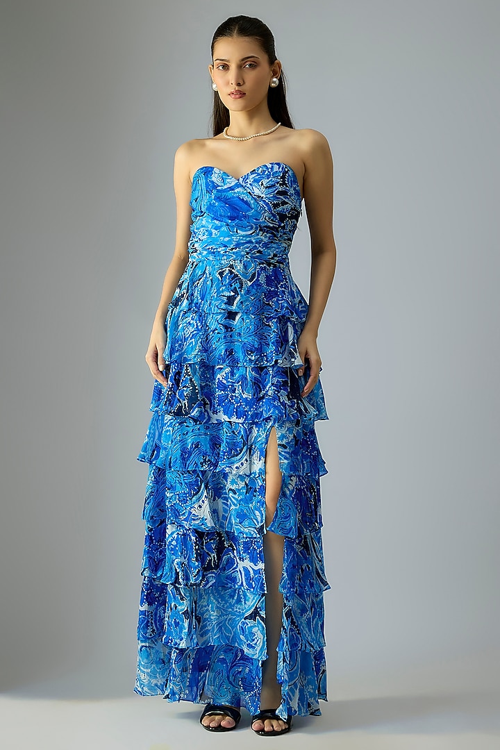 Blue Chiffon Abstract Floral Printed Tiered Maxi Cocktail Dress by Saaksha & Kinni at Pernia's Pop Up Shop