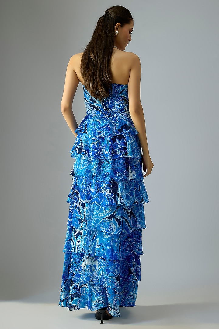 Blue Chiffon Abstract Floral Printed Tiered Maxi Cocktail Dress by Saaksha & Kinni at Pernia's Pop Up Shop