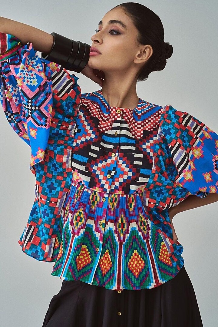 Multi-Colored Cambric Ikat Printed Blouse by Saaksha & Kinni at Pernia's Pop Up Shop