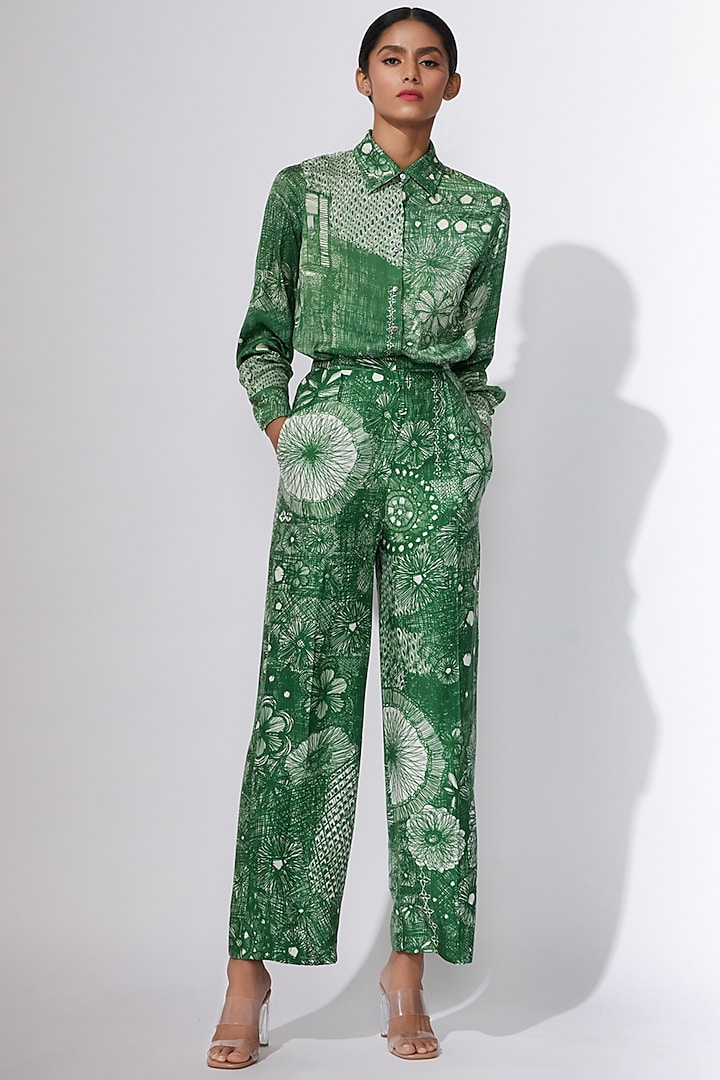 Green Abstract Printed Trousers by Saaksha & Kinni