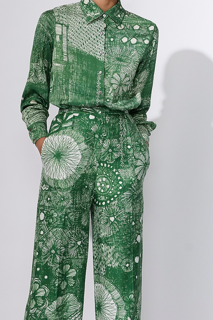 Green Abstract Printed Trousers by Saaksha & Kinni at Pernia's Pop Up Shop