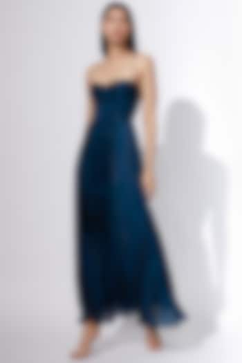 Turquoise Blue Micro Pleated & Printed Dress by Saaksha & Kinni