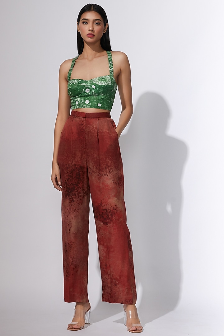 Maroon Printed Trousers With Pockets by Saaksha & Kinni