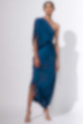 Blue Printed Pleated Draped Dress by Saaksha & Kinni