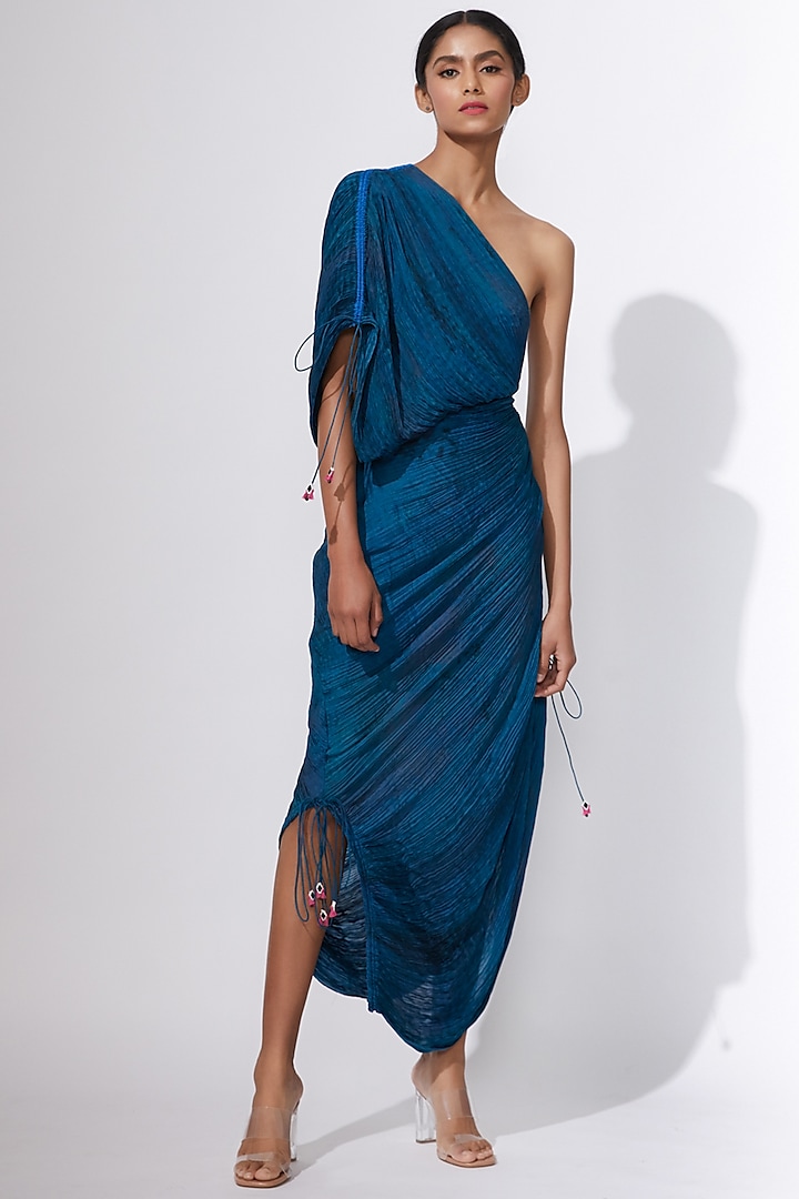 Blue Printed Pleated Draped Dress by Saaksha & Kinni