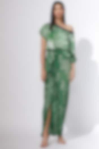 Green Satin & Cotton Silk Abstract Printed Saree Dress by Saaksha & Kinni at Pernia's Pop Up Shop