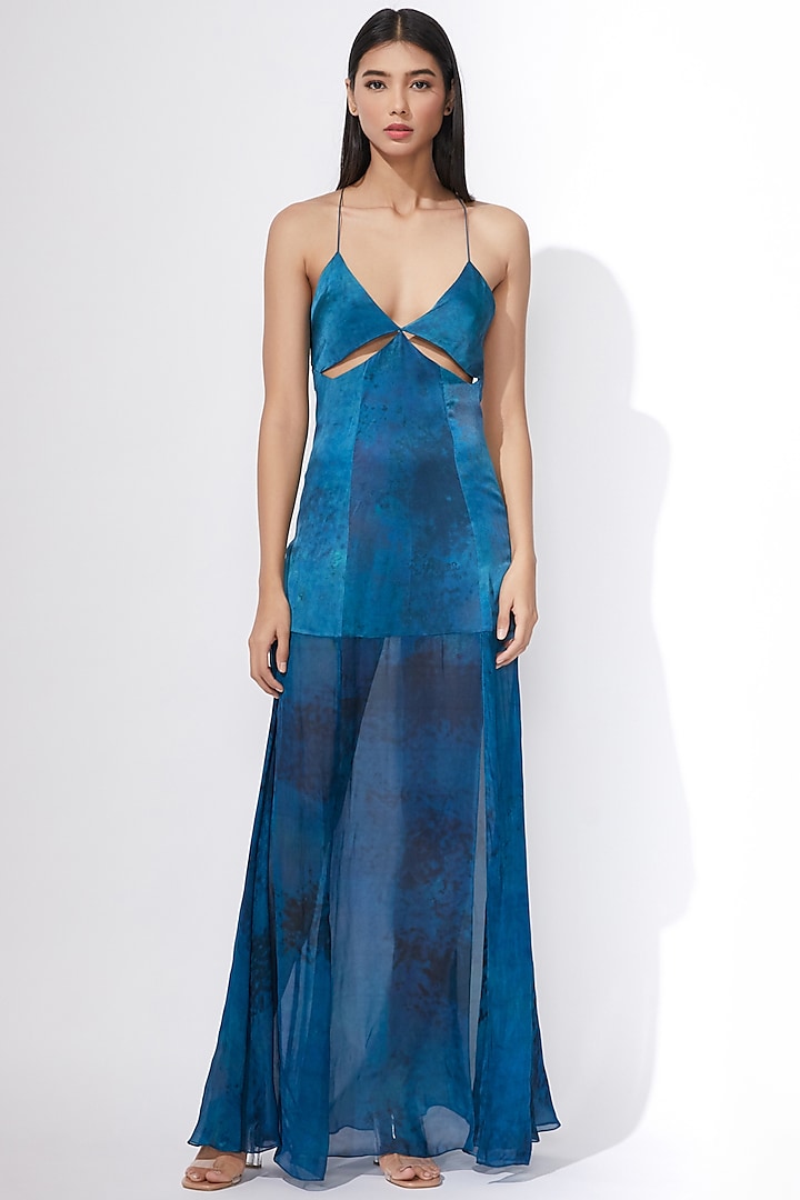 Turquoise Satin & Chiffon Abstract Printed Maxi Dress by Saaksha & Kinni at Pernia's Pop Up Shop