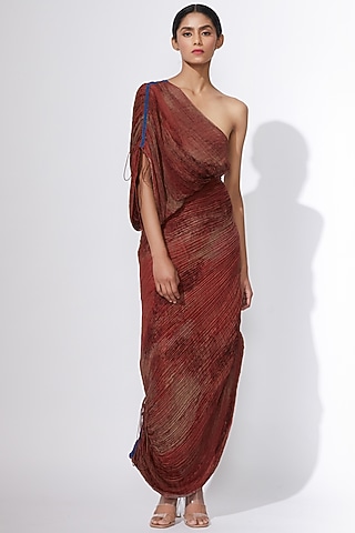 Maroon Cotton Silk & Chiffon Abstract Printed Draped Dress by Saaksha & Kinni