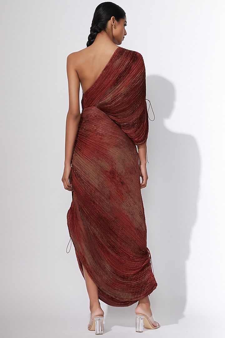 Maroon Cotton Silk & Chiffon Abstract Printed Draped Vacation Dress by Saaksha & Kinni at Pernia's Pop Up Shop