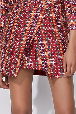 Multi-Colored Poplin Printed High-Waisted Wrap Mini Skirt by Saaksha & Kinni