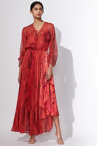 Coral Chiffon Abstract Printed Maxi Dress by Saaksha & Kinni
