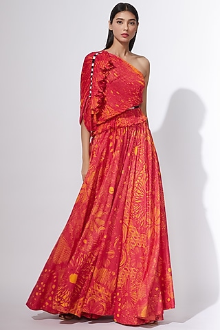 Pink & Yellow Micro Pleated One Shoulder Blouse by Saaksha & Kinni