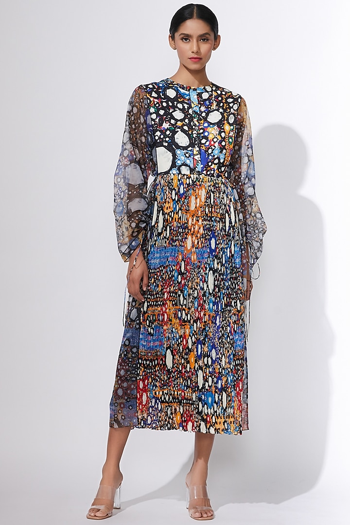 Blue Mirror Printed Dress With Inner by Saaksha & Kinni