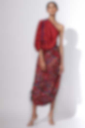 Red Printed Draped Dress by Saaksha & Kinni