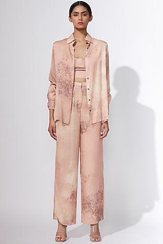 Peach Satin Printed Trousers by Saaksha & Kinni
