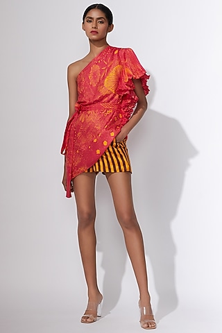 Mustard Printed High Waist Shorts by Saaksha & Kinni
