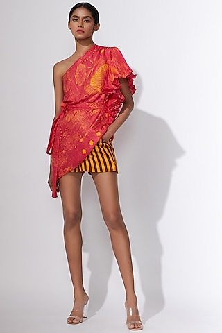 Pink & Yellow One Shoulder Belted Blouse by Saaksha & Kinni