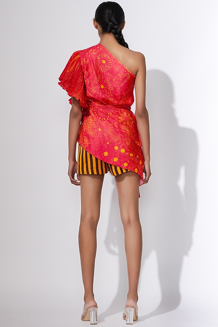 Pink & Yellow One Shoulder Belted Blouse by Saaksha & Kinni at Pernia's Pop Up Shop
