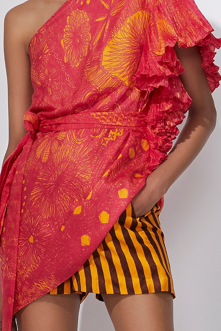 Pink & Yellow One Shoulder Belted Blouse by Saaksha & Kinni at Pernia's Pop Up Shop