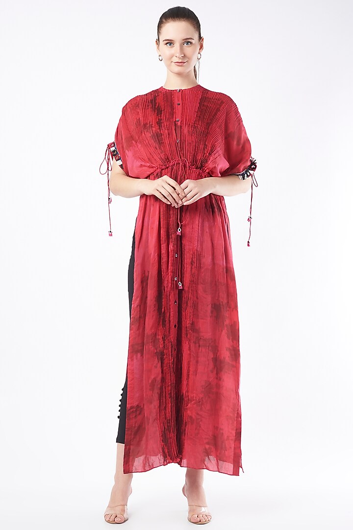 Red Printed Micro-Pleated Kaftan Dress by Saaksha & Kinni at Pernia's Pop Up Shop