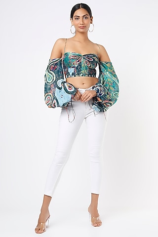 Cobalt Blue Ikat Printed Micro-Pleated Bustier by Saaksha & Kinni