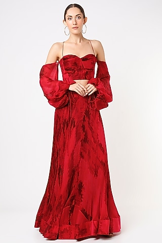Cherry Red Printed Micro Pleated Bustier by Saaksha & Kinni