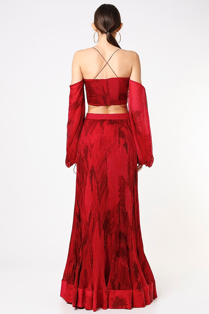 Cherry Red Printed Micro Pleated Bustier by Saaksha & Kinni at Pernia's Pop Up Shop