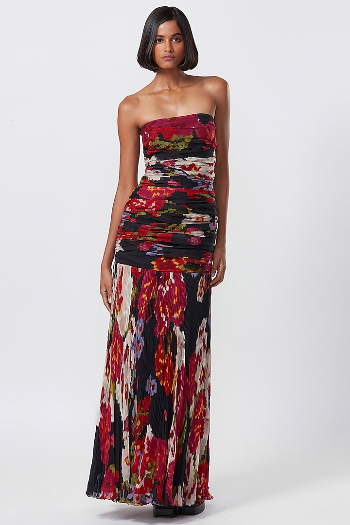 Multi-Colored Chiffon Printed Strapless Gown by Saaksha & Kinni