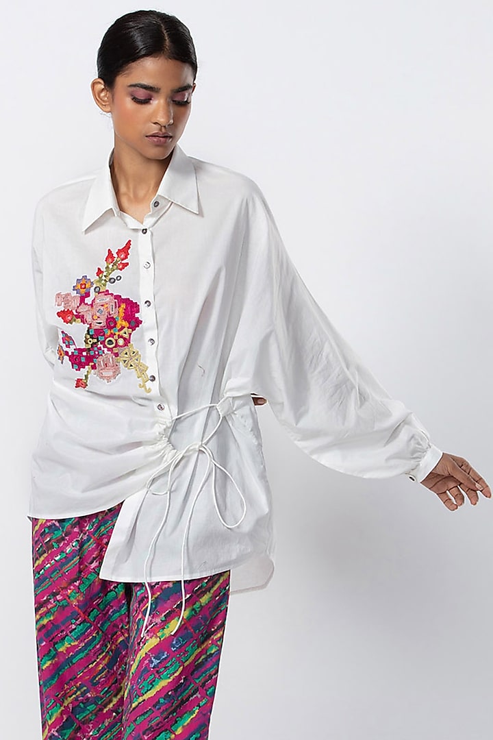White Cambric Cotton Hand Embroidered Shirt by Saaksha & Kinni