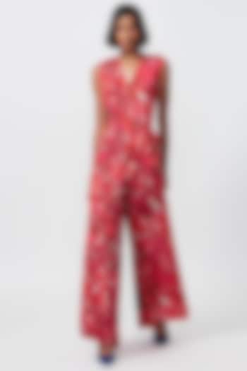 Red & Pink Satin Floral Printed Jumpsuit by Saaksha & Kinni