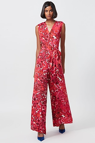 Red & Pink Satin Floral Printed Jumpsuit by Saaksha & Kinni